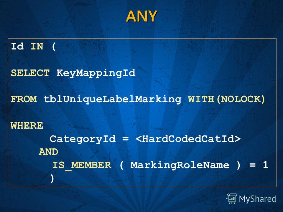 ANY Id IN ( SELECT KeyMappingId FROM tblUniqueLabelMarking WITH(NOLOCK) WHERE CategoryId =  AND IS_MEMBER ( MarkingRoleName ) = 1 )