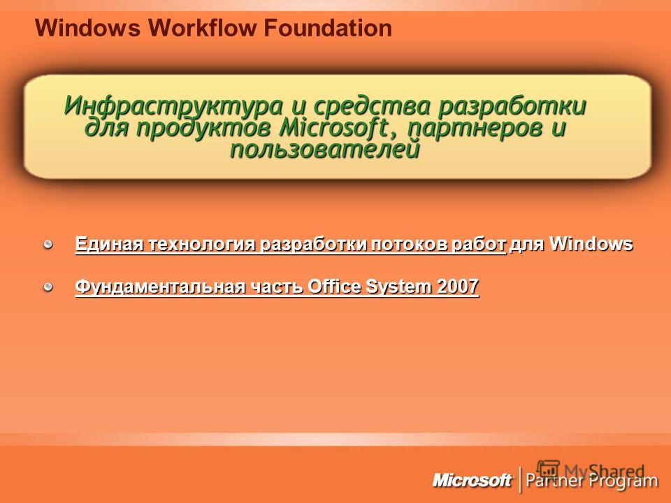 Windows Workflow Foundation Инфраструктура и средства разработки для продуктов Microsoft, партнеров и пользователей Единая технология разработки потоков работ для Windows Фундаментальная часть Office System 2007