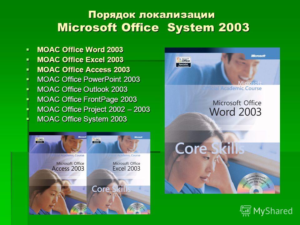 Порядок локализации Microsoft Office System 2003 MOAC Office Word 2003 MOAC Office Word 2003 MOAC Office Excel 2003 MOAC Office Excel 2003 MOAC Office Access 2003 MOAC Office Access 2003 MOAC Office PowerPoint 2003 MOAC Office PowerPoint 2003 MOAC Of