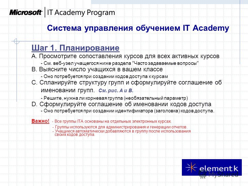Система управления обучением IT Academy Шаг 1. Планирование A. Просмотрите сопоставления курсов для всех активных курсов - См. веб-узел учащегося ниже раздела 