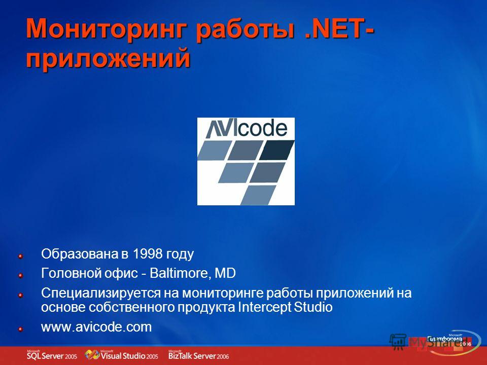 Мониторинг работы.NET- приложений Образована в 1998 году Головной офис - Baltimore, MD Специализируется на мониторинге работы приложений на основе собственного продукта Intercept Studio www.avicode.com