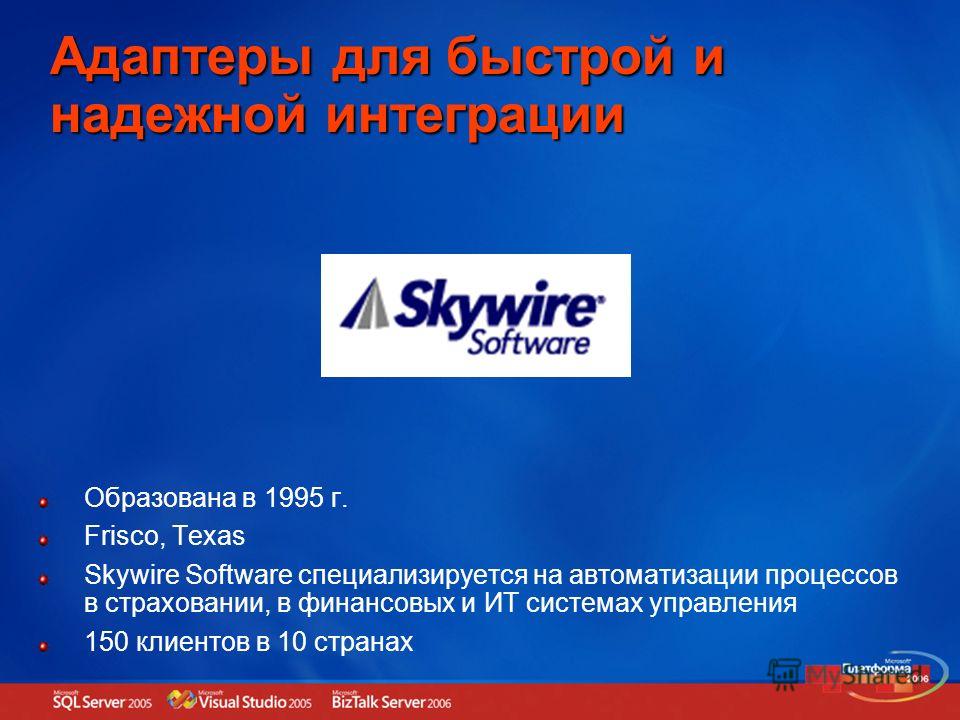 Адаптеры для быстрой и надежной интеграции Образована в 1995 г. Frisco, Texas Skywire Software специализируется на автоматизации процессов в страховании, в финансовых и ИТ системах управления 150 клиентов в 10 странах
