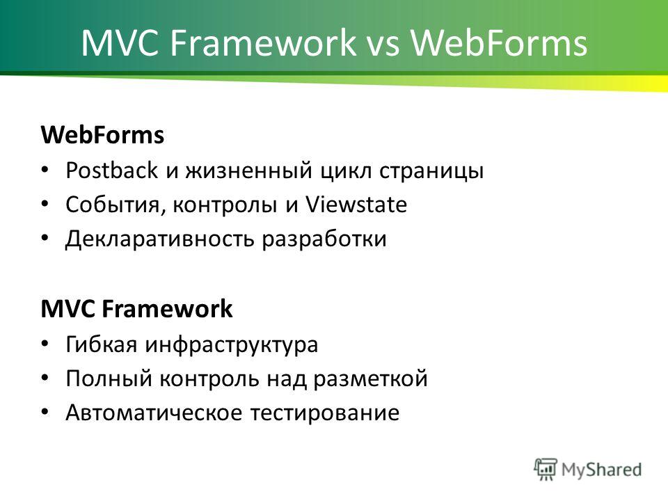 MVC Framework vs WebForms WebForms Postback и жизненный цикл страницы События, контролы и Viewstate Декларативность разработки MVC Framework Гибкая инфраструктура Полный контроль над разметкой Автоматическое тестирование