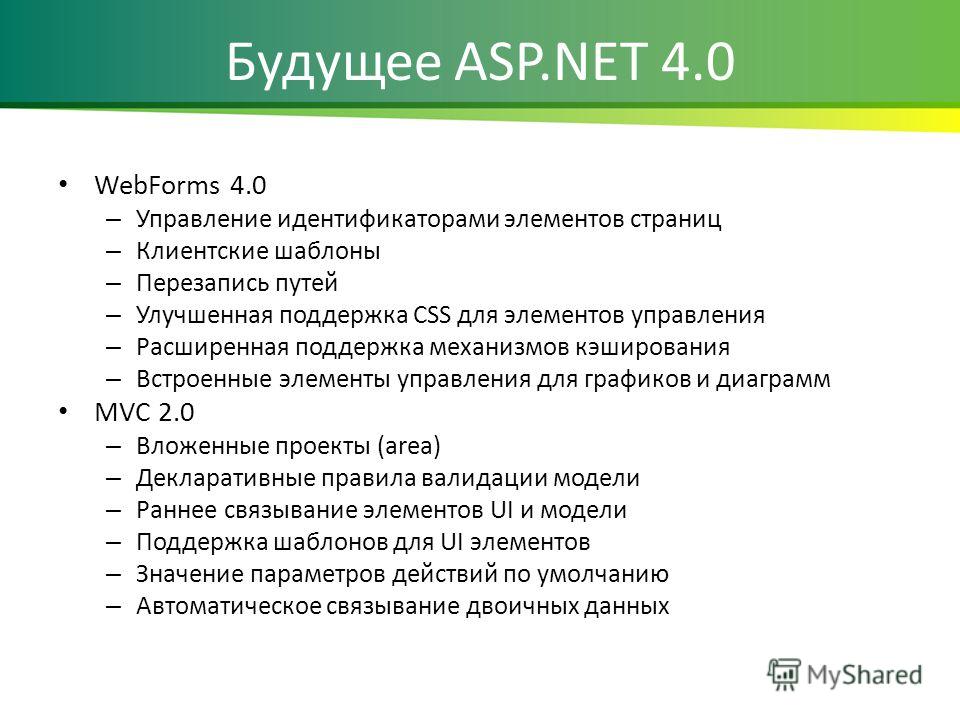 Будущее ASP.NET 4.0 WebForms 4.0 – Управление идентификаторами элементов страниц – Клиентские шаблоны – Перезапись путей – Улучшенная поддержка CSS для элементов управления – Расширенная поддержка механизмов кэширования – Встроенные элементы управлен