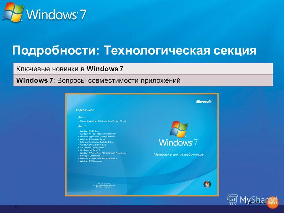 Подробности: Технологическая секция Ключевые новинки в Windows 7 Windows 7: Вопросы совместимости приложений