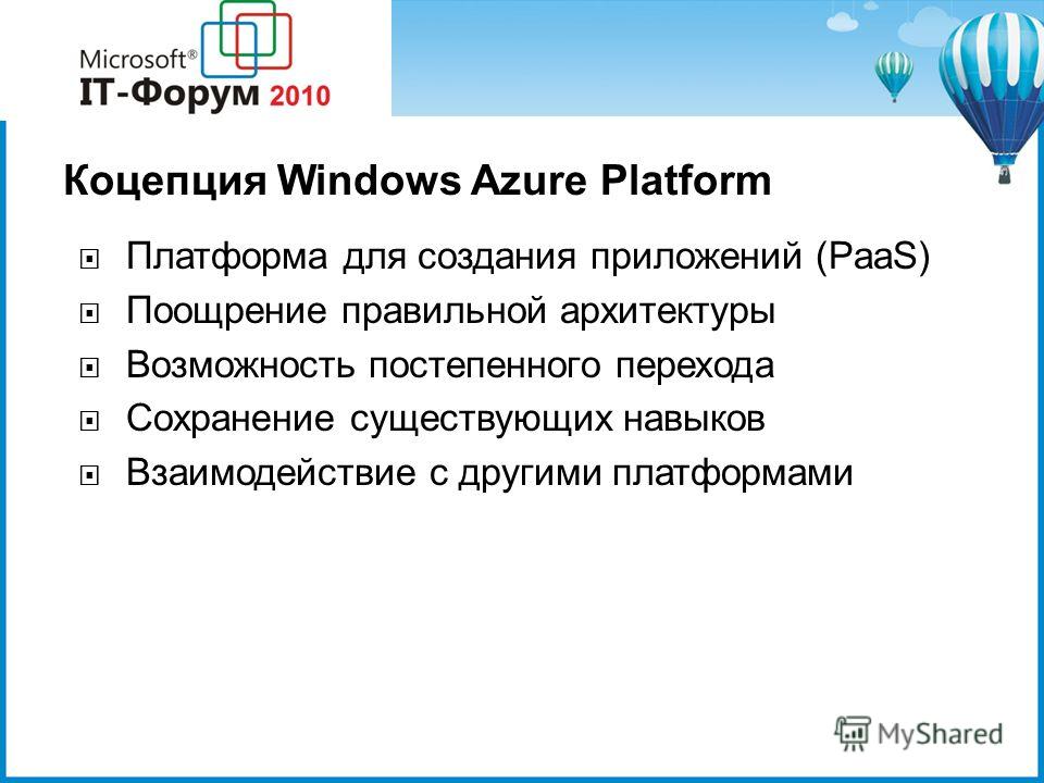Коцепция Windows Azure Platform Платформа для создания приложений (PaaS) Поощрение правильной архитектуры Возможность постепенного перехода Сохранение существующих навыков Взаимодействие с другими платформами