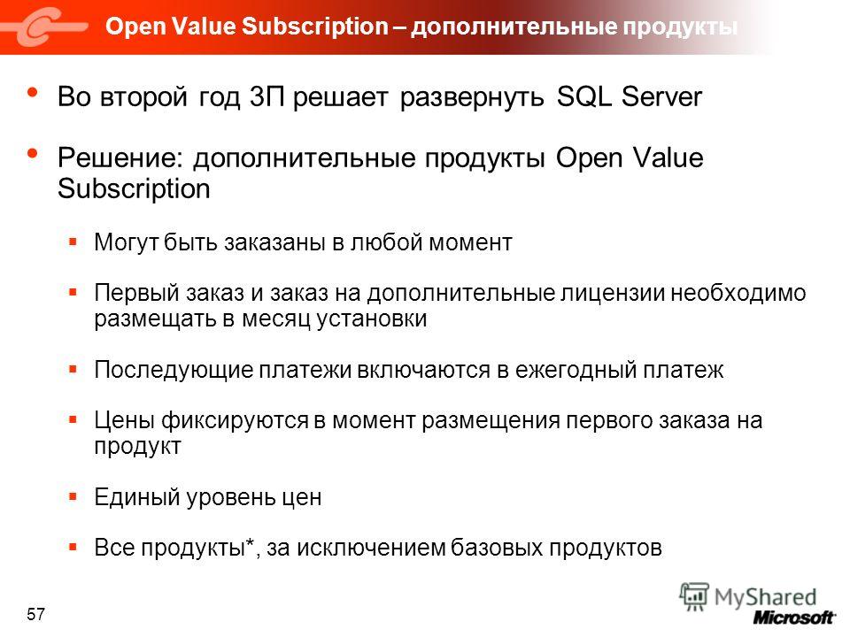 57 Open Value Subscription – дополнительные продукты Во второй год 3П решает развернуть SQL Server Решение: дополнительные продукты Open Value Subscription Могут быть заказаны в любой момент Первый заказ и заказ на дополнительные лицензии необходимо 