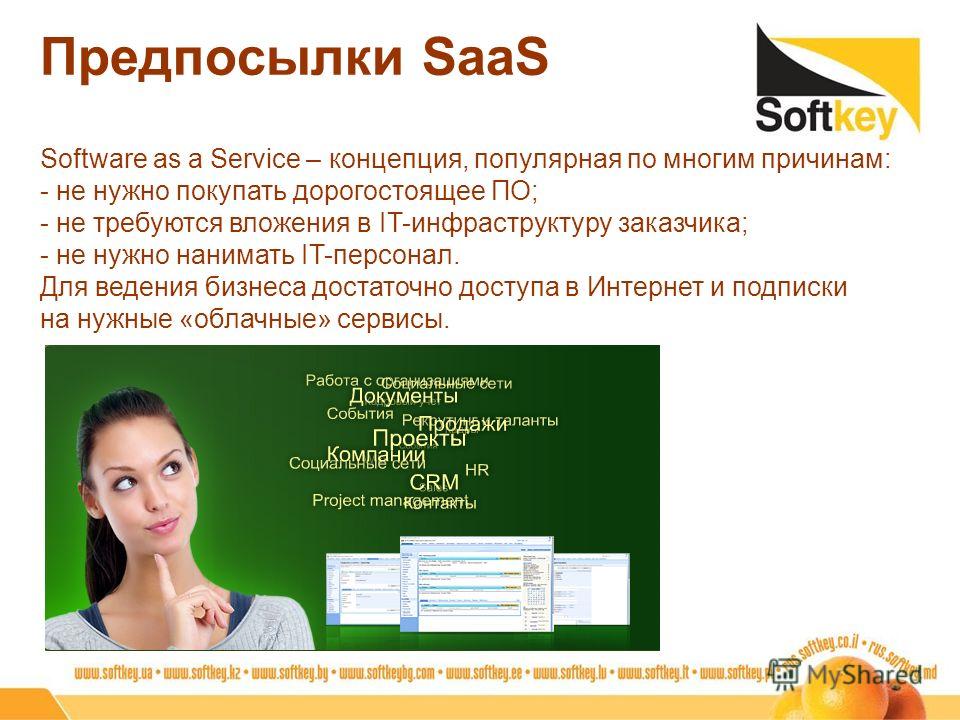 Предпосылки SaaS Software as a Service – концепция, популярная по многим причинам: - не нужно покупать дорогостоящее ПО; - не требуются вложения в IT-инфраструктуру заказчика; - не нужно нанимать IT-персонал. Для ведения бизнеса достаточно доступа в 