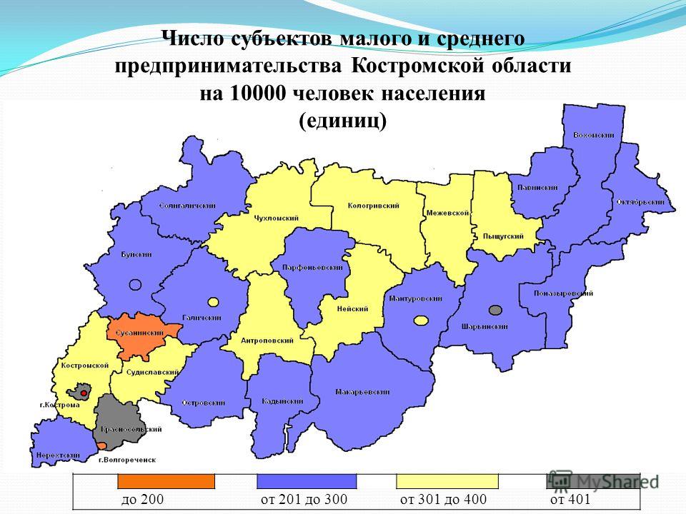 до 200от 201 до 300от 301 до 400от 401 Число субъектов малого и среднего предпринимательства Костромской области на 10000 человек населения (единиц)