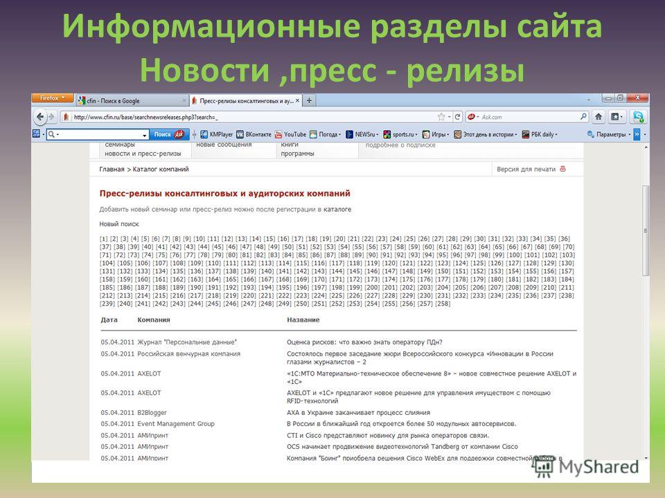 Информационные разделы сайта Новости,пресс - релизы