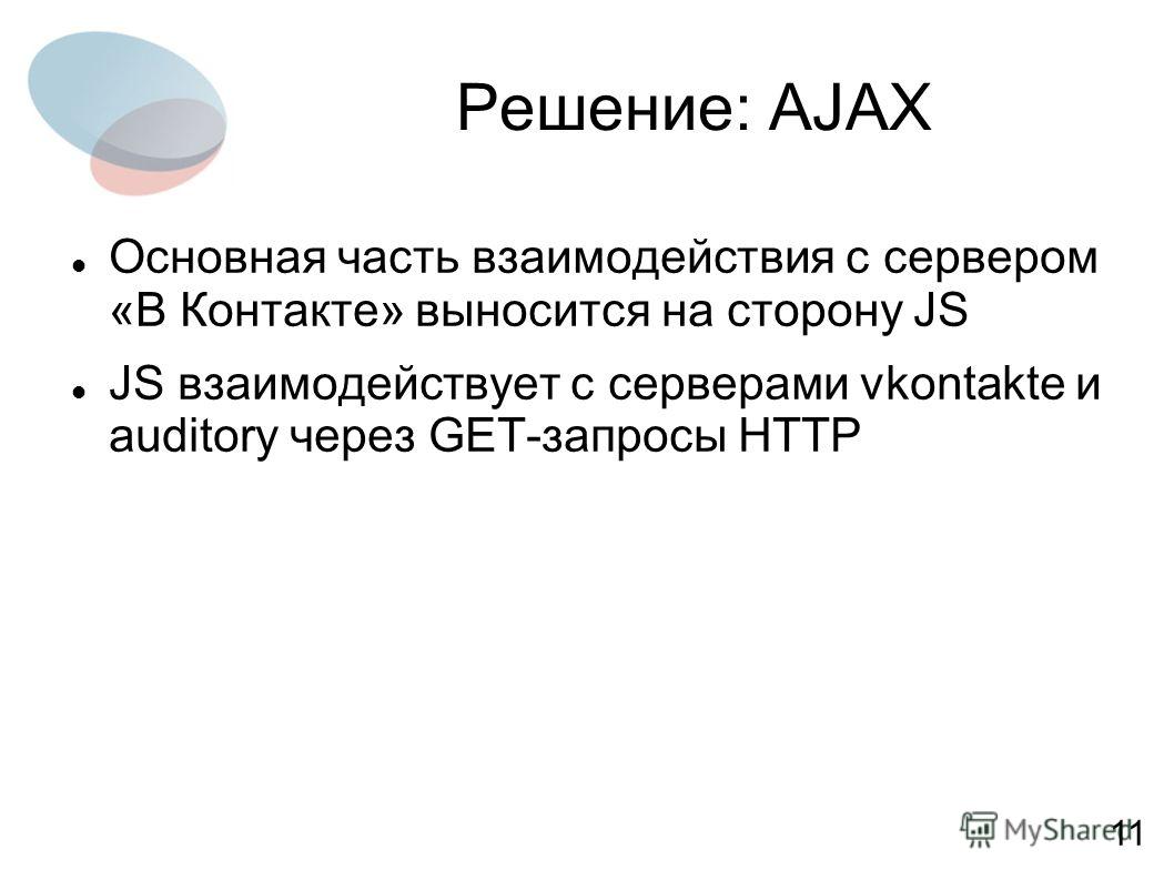 Решение: AJAX Основная часть взаимодействия с сервером «В Контакте» выносится на сторону JS JS взаимодействует с серверами vkontakte и auditory через GET-запросы HTTP 11