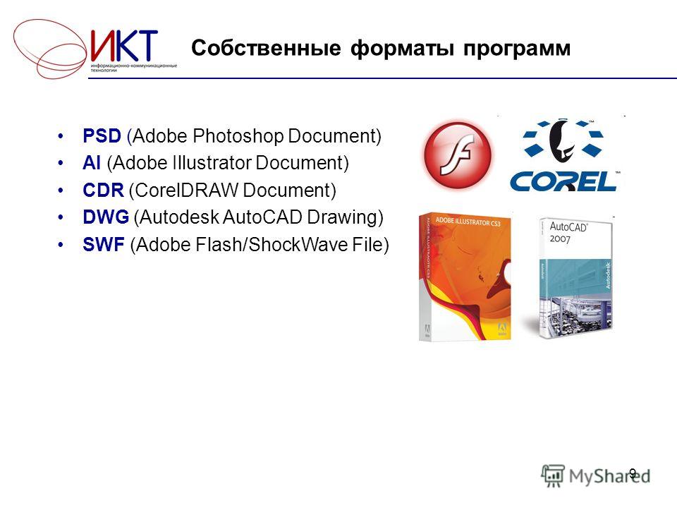 9 Собственные форматы программ PSD (Adobe Photoshop Document) AI (Adobe Illustrator Document) CDR (CorelDRAW Document) DWG (Autodesk AutoCAD Drawing) SWF (Adobe Flash/ShockWave File)