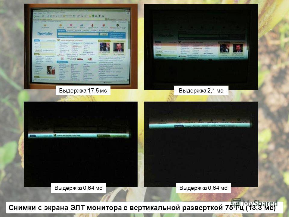 Снимки с экрана ЭЛТ монитора с вертикальной разверткой 75 Гц (13,3 мс) Выдержка 17,5 мсВыдержка 2,1 мс Выдержка 0,64 мс