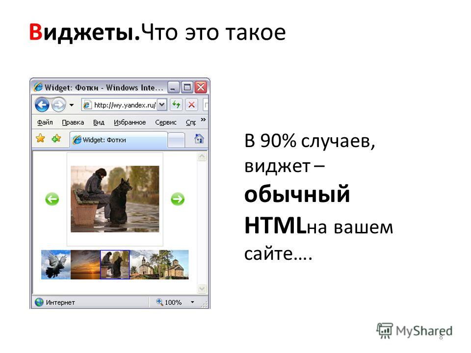 Виджеты.Что это такое В 90% случаев, виджет – обычный HTML на вашем сайте…. 8