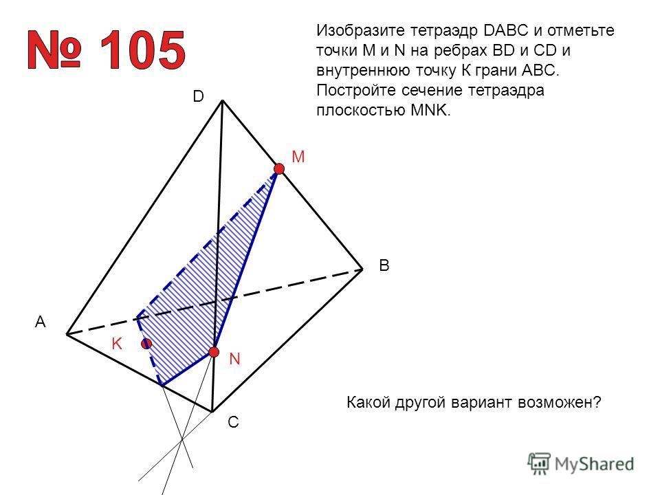 A B C D M N K Какой другой вариант возможен? Изобразите тетраэдр DABC и отметьте точки М и N на ребрах BD и CD и внутреннюю точку К грани ABC. Постройте сечение тетраэдра плоскостью MNK.