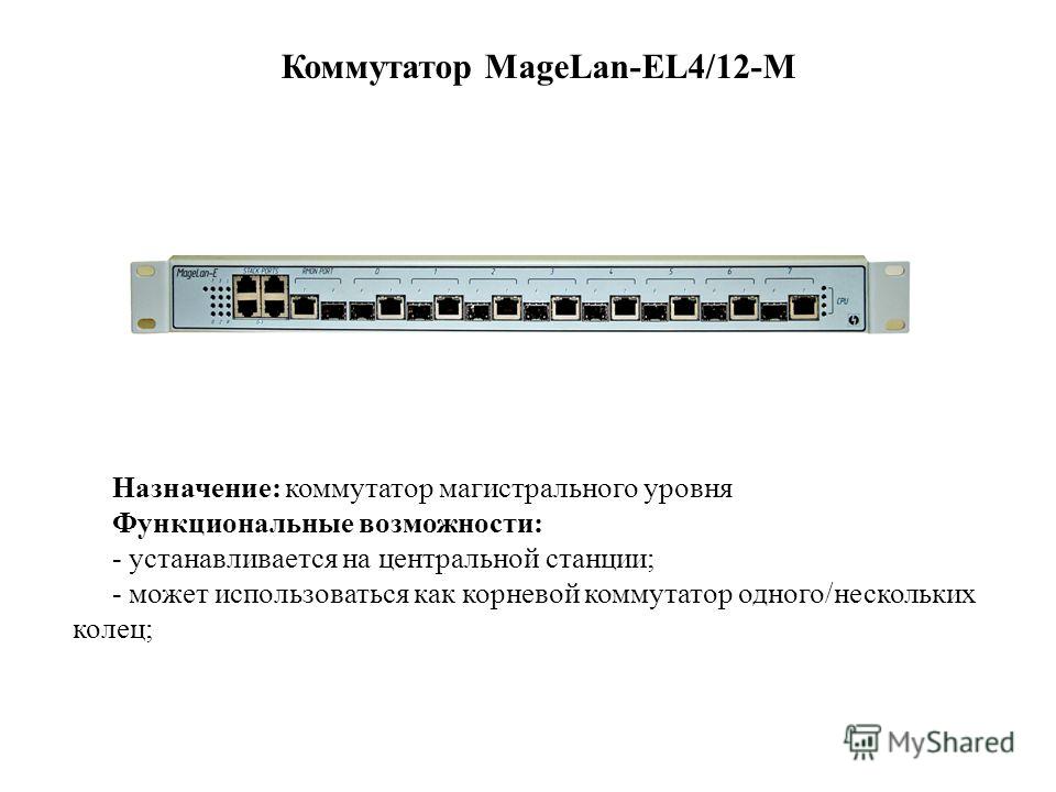 Назначение: коммутатор магистрального уровня Функциональные возможности: - устанавливается на центральной станции; - может использоваться как корневой коммутатор одного/нескольких колец; Коммутатор MageLan-EL4/12-M