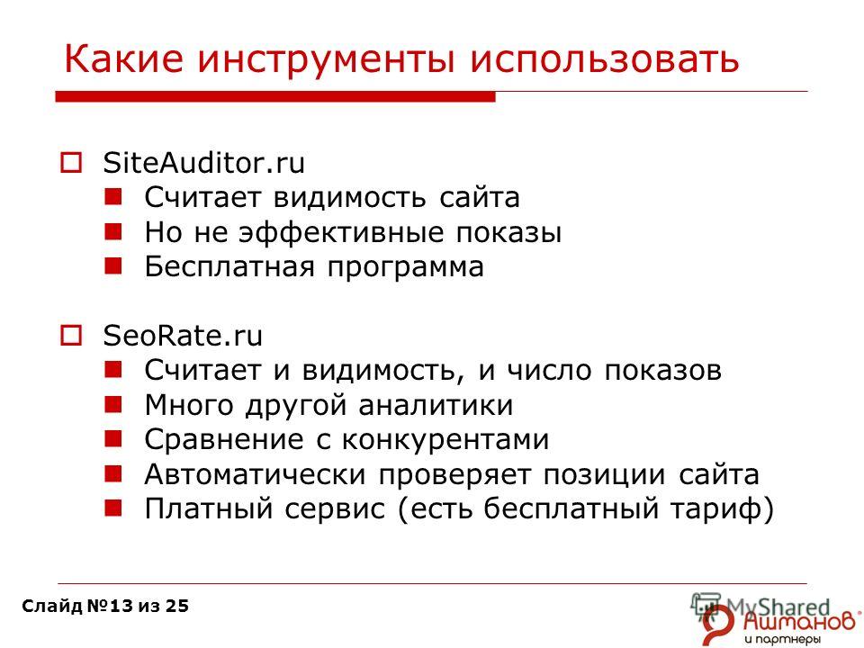 Какие инструменты использовать SiteAuditor.ru Считает видимость сайта Но не эффективные показы Бесплатная программа SeoRate.ru Считает и видимость, и число показов Много другой аналитики Сравнение с конкурентами Автоматически проверяет позиции сайта 