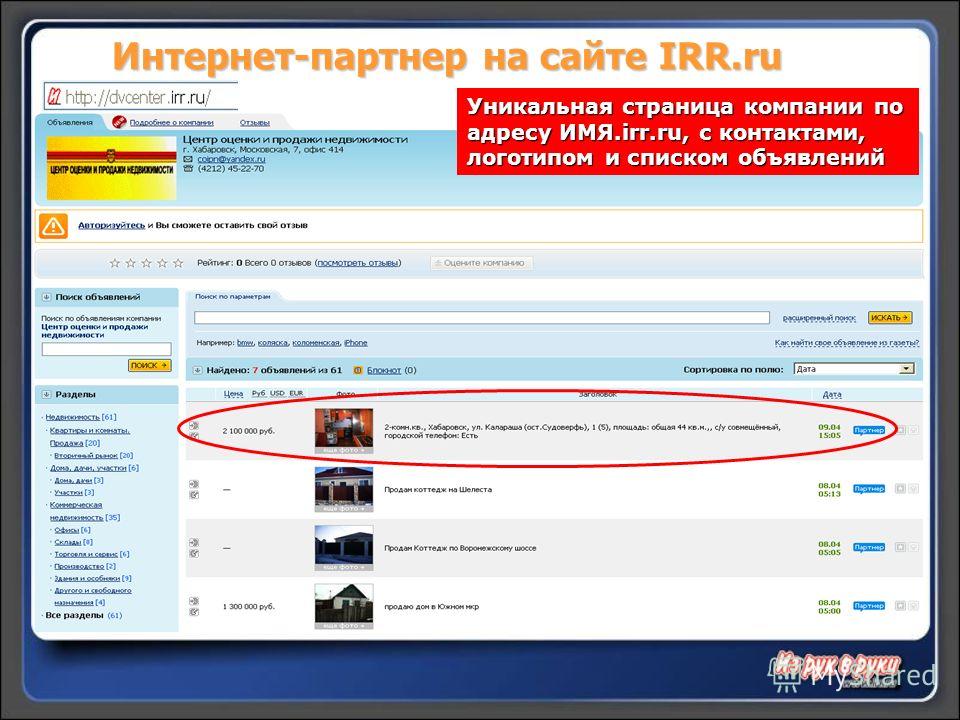Интернет-партнер на сайте IRR.ru Уникальная страница компании по адресу ИМЯ.irr.ru, с контактами, логотипом и списком объявлений