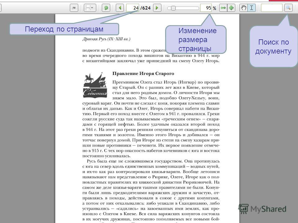 Работа с текстом Изменение размера страницы Переход по страницам Поиск по документу