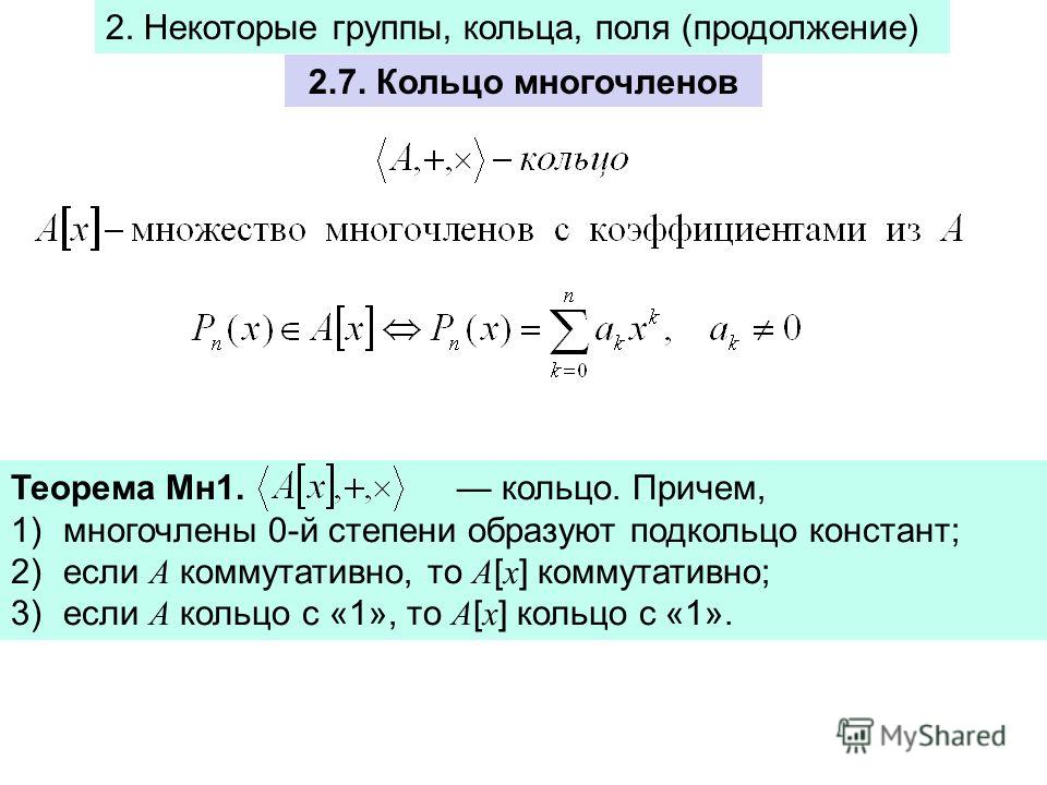 Группы кольца и поля определения и примеры Презентация на тему: "2.6. Евклидовы кольца 2. Некоторые группы, кольца, поля (п