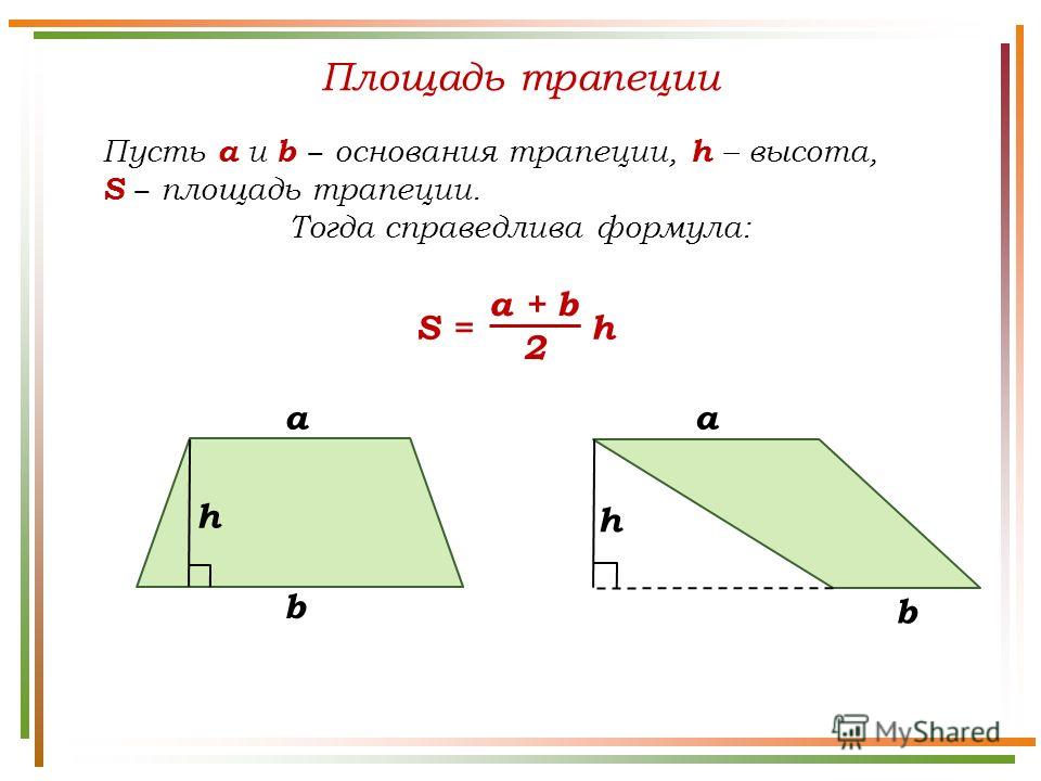 Площадь трапеции Пусть а и b основания трапеции, h – высота, S площадь трапеции. Тогда справедлива формула: b h 2 a + b S = h a b h a
