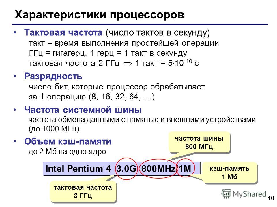 10 Характеристики процессоров Тактовая частота (число тактов в секунду) такт – время выполнения простейшей операции ГГц = гигагерц, 1 герц = 1 такт в секунду тактовая частота 2 ГГц 1 такт = 5 10 -10 с Разрядность число бит, которые процессор обрабаты