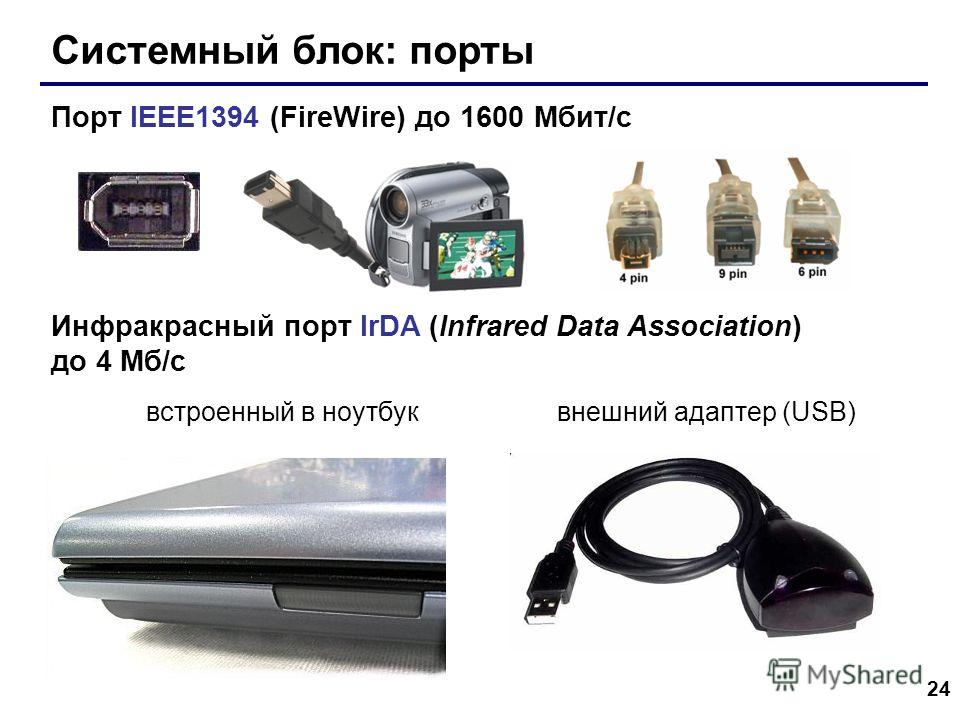 24 Системный блок: порты Порт IEEE1394 (FireWire) до 1600 Мбит/c Инфракрасный порт IrDA (Infrared Data Association) до 4 Мб/с встроенный в ноутбуквнешний адаптер (USB)