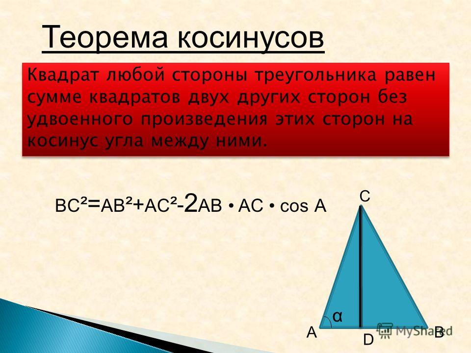 Теорема косинусов Квадрат любой стороны треугольника равен сумме квадратов двух других сторон без удвоенного произведения этих сторон на косинус угла между ними. BC ² = AB ²+ AC ²- 2 AB AC cos A α C BA D