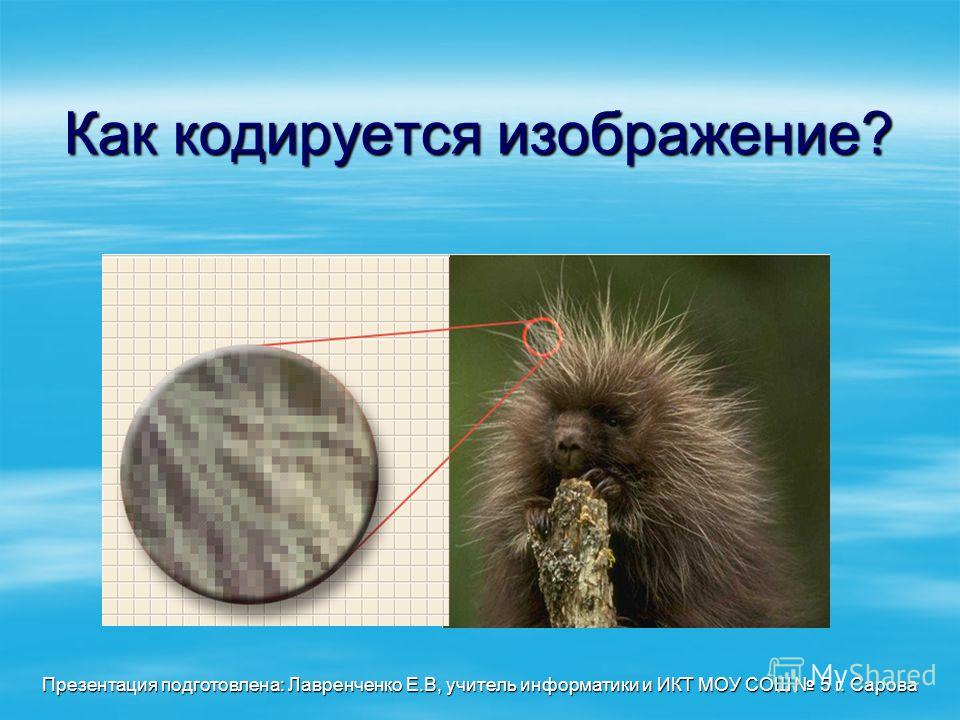 Как кодируется изображение? Презентация подготовлена: Лавренченко Е.В, учитель информатики и ИКТ МОУ СОШ 5 г. Сарова