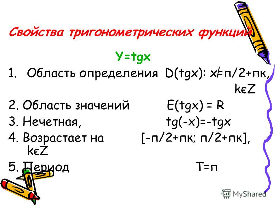 Свойства тригонометрических функций Y=tgx 1.Область определения D(tgx): x=п/2+пк, kєZ 2. Область значений E(tgx) = R 3. Нечетная, tg(-x)=-tgx 4. Возрастает на [-п/2+пк; п/2+пк], kєZ 5. Период Т=п
