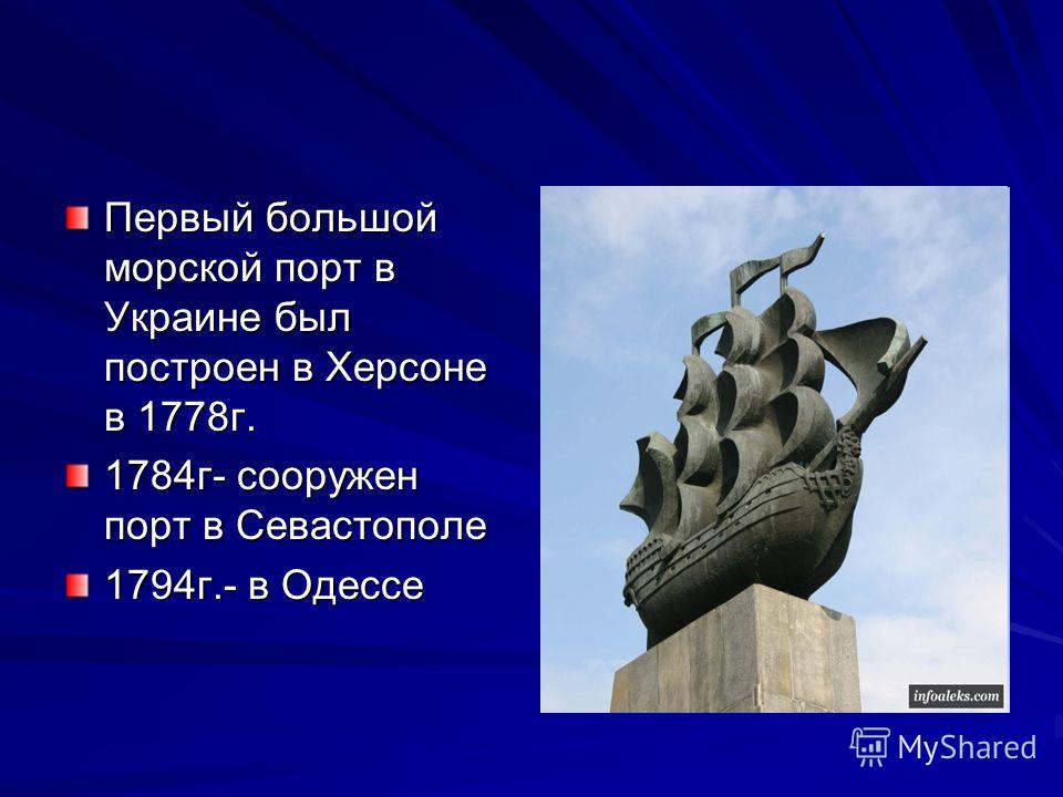 Первый большой морской порт в Украине был построен в Херсоне в 1778г. 1784г- сооружен порт в Севастополе 1794г.- в Одессе