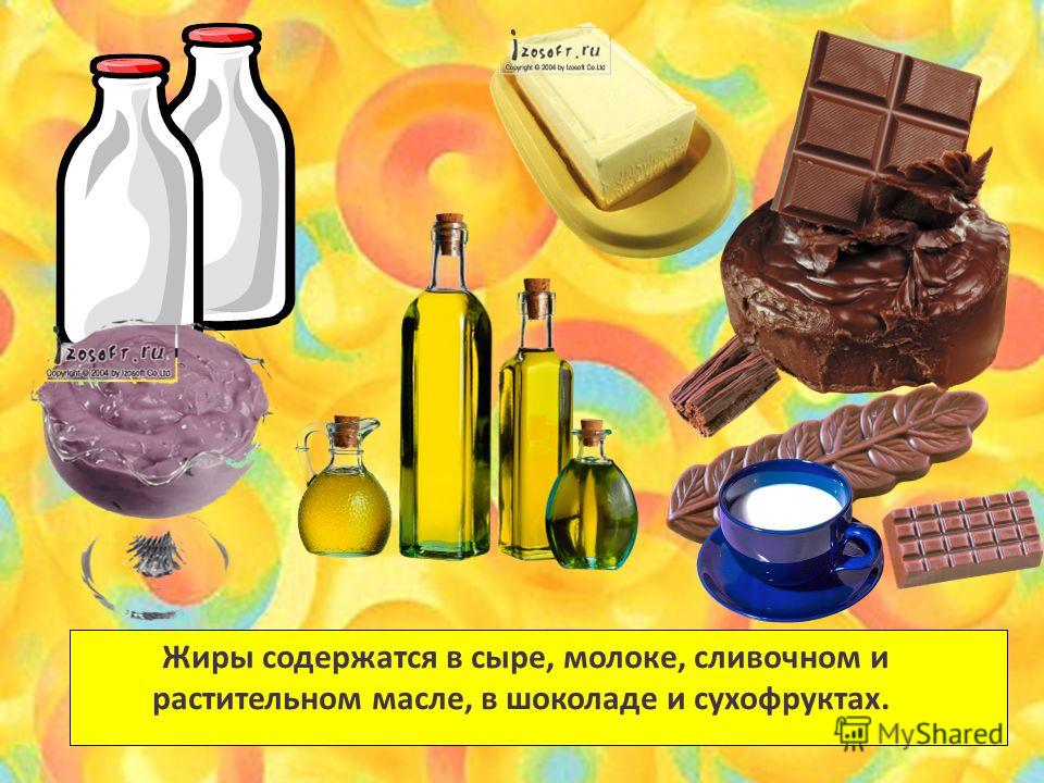 Жиры содержатся в сыре, молоке, сливочном и растительном масле, в шоколаде и сухофруктах.