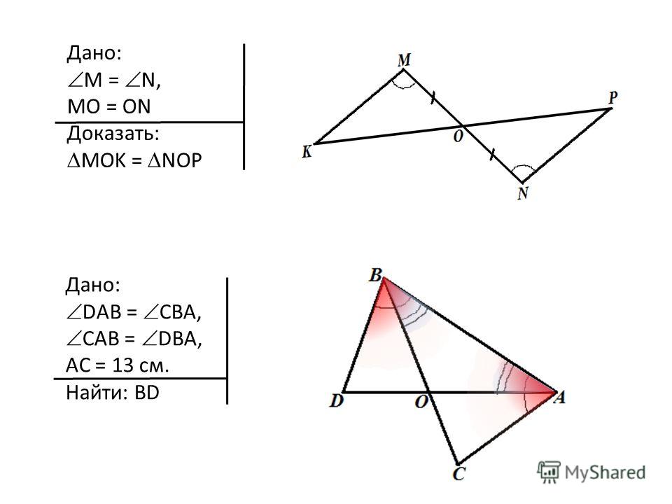 Дано: M = N, MO = ON Доказать: MOK = NOP Дано: DAB = CBA, CAB = DBA, AC = 13 см. Найти: BD