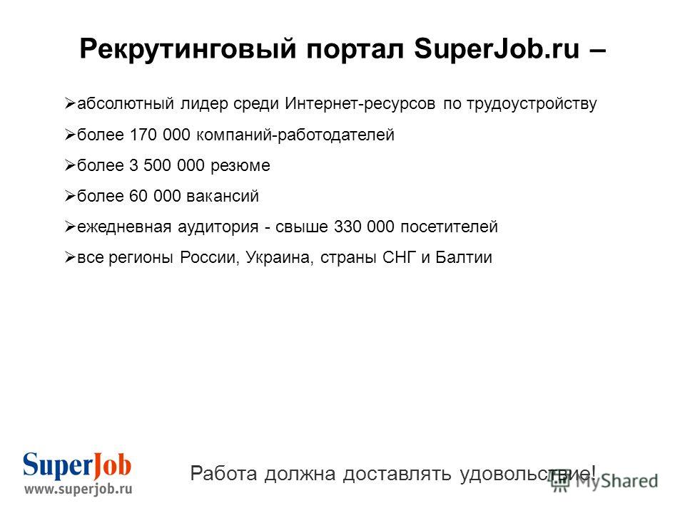 Рекрутинговый портал SuperJob.ru – Работа должна доставлять удовольствие! абсолютный лидер среди Интернет-ресурсов по трудоустройству более 170 000 компаний-работодателей более 3 500 000 резюме более 60 000 вакансий ежедневная аудитория - свыше 330 0