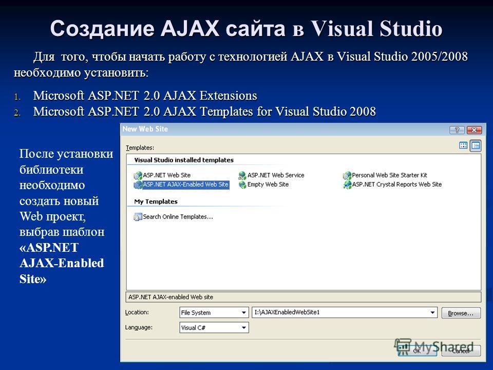 Для того, чтобы начать работу с технологией AJAX в Visual Studio 2005/2008 необходимо установить: 1. Microsoft ASP.NET 2.0 AJAX Extensions 2. Microsoft ASP.NET 2.0 AJAX Templates for Visual Studio 2008 Создание AJAX сайта в Visual Studio После устано