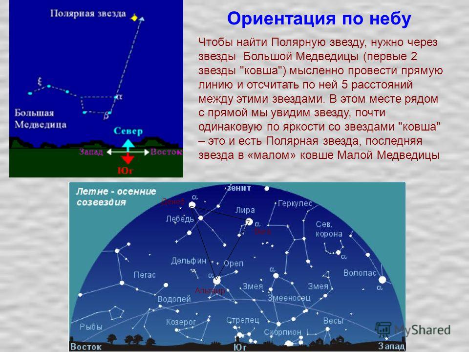 Ориентация по небу Вега Денеб Альтаир Чтобы найти Полярную звезду, нужно через звезды Большой Медведицы (первые 2 звезды 