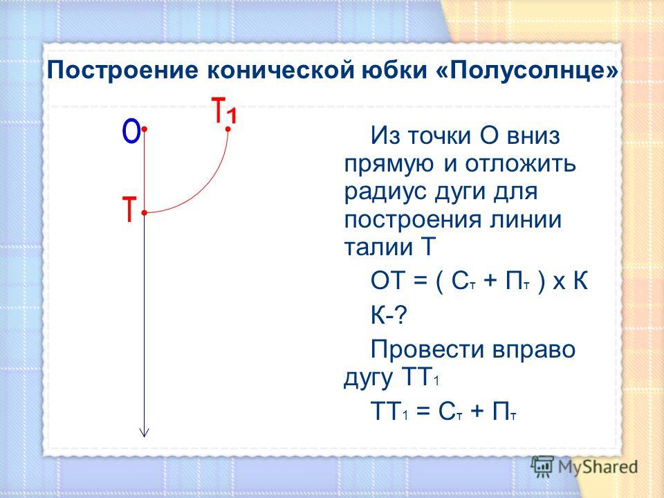 Из точки О вниз прямую и отложить радиус дуги для построения линии талии Т ОТ = ( С т + П т ) х К К-? Провести вправо дугу ТТ 1 ТТ 1 = С т + П т