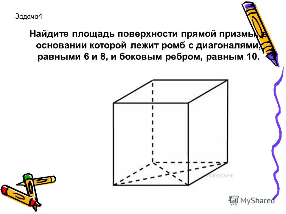 Найдите площадь поверхности прямой призмы, в основании которой лежит ромб с диагоналями, равными 6 и 8, и боковым ребром, равным 10. Задача4