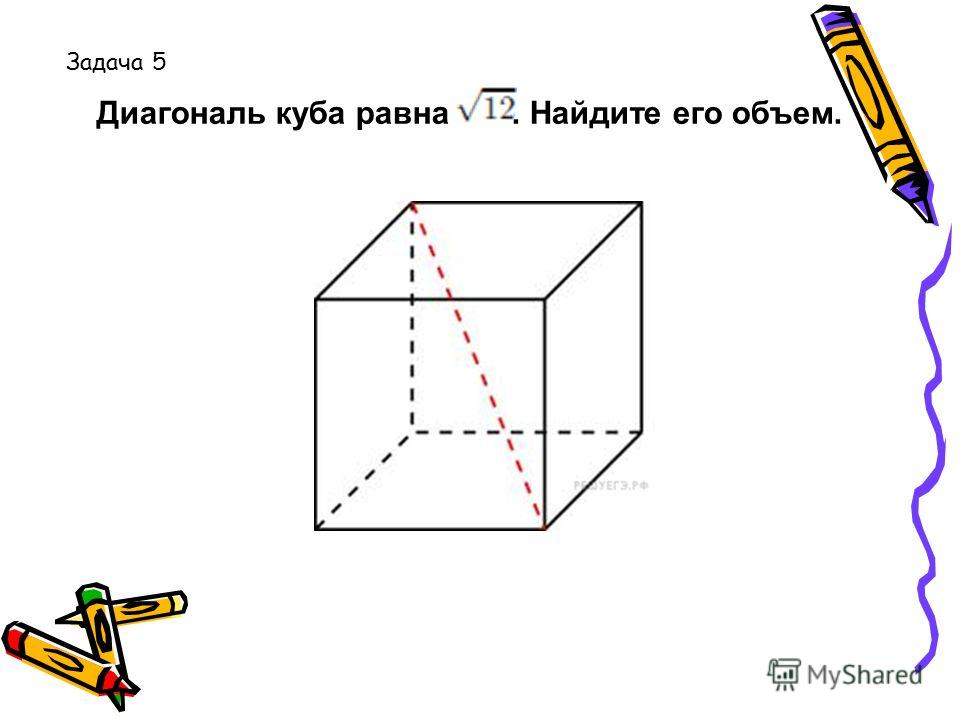 Диагональ куба равна. Найдите его объем. Задача 5