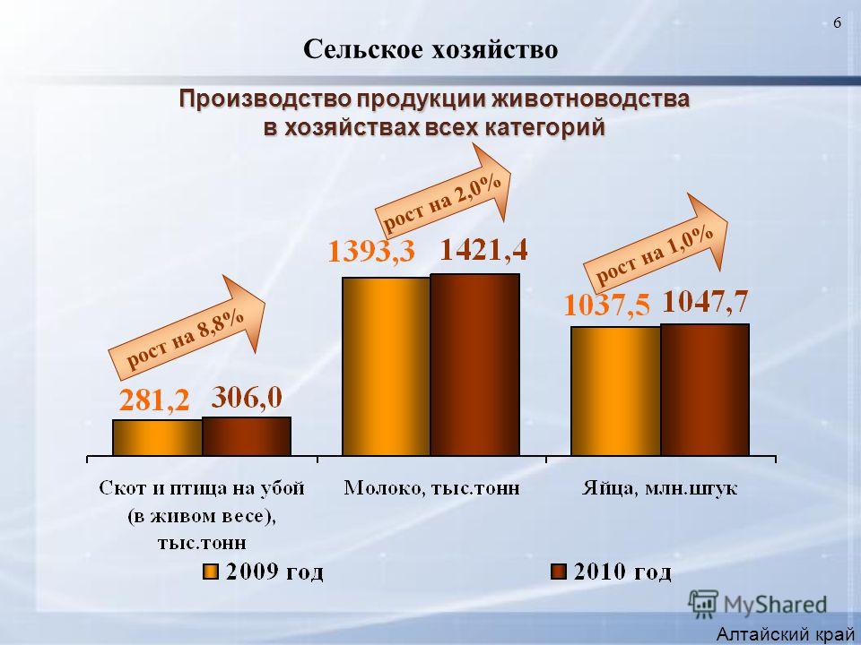 6 Сельское хозяйство Алтайский край Производство продукции животноводства в хозяйствах всех категорий рост на 8,8% рост на 2,0% рост на 1,0%
