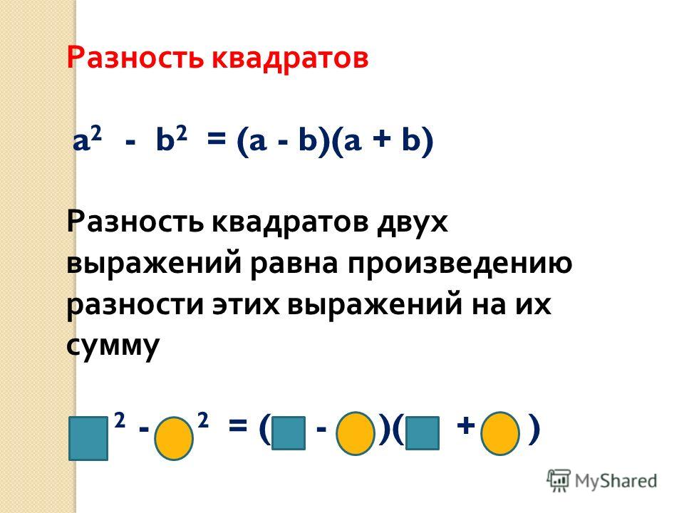 Разность квадратов a 2 - b 2 = (a - b)(a + b) Разность квадратов двух выражений равна произведению разности этих выражений на их сумму 2 - 2 = ( - )( + )