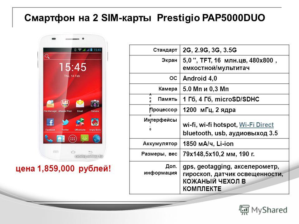 Смартфон на 2 SIM-карты Prestigio PAP5000DUO цена 1,859,000 рублей! Android 4.0Android 4.0 Android 4.0Android 4.0 Android 4.0Android 4.0 Android 4.0Android 4.0 Android 4.0Android 4.0 Стандарт 2G, 2.9G, 3G, 3.5G Экран 5,0 '', TFT, 16 млн.цв, 480x800, 