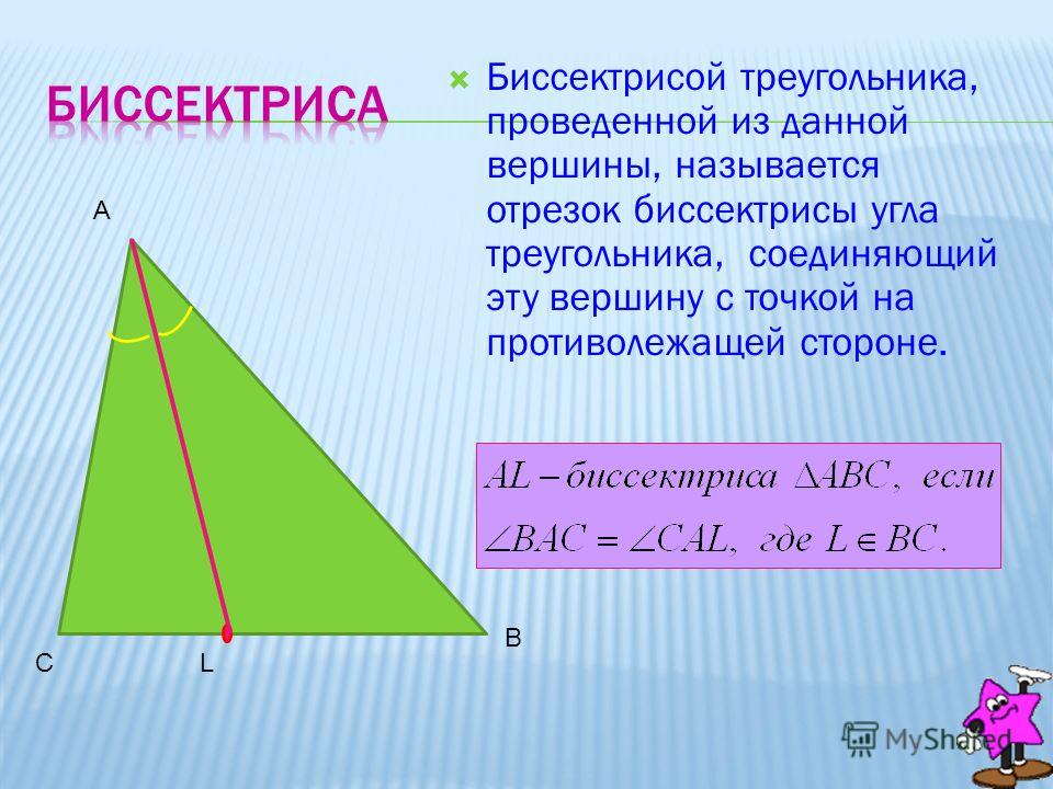 A B CL Биссектрисой треугольника, проведенной из данной вершины, называется отрезок биссектрисы угла треугольника, соединяющий эту вершину с точкой на противолежащей стороне.