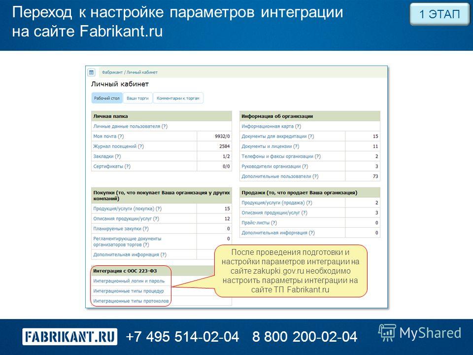 Переход к настройке параметров интеграции на сайте Fabrikant.ru +7 495 514-02-048 800 200-02-04 1 ЭТАП После проведения подготовки и настройки параметров интеграции на сайте zakupki.gov.ru необходимо настроить параметры интеграции на сайте ТП Fabrika
