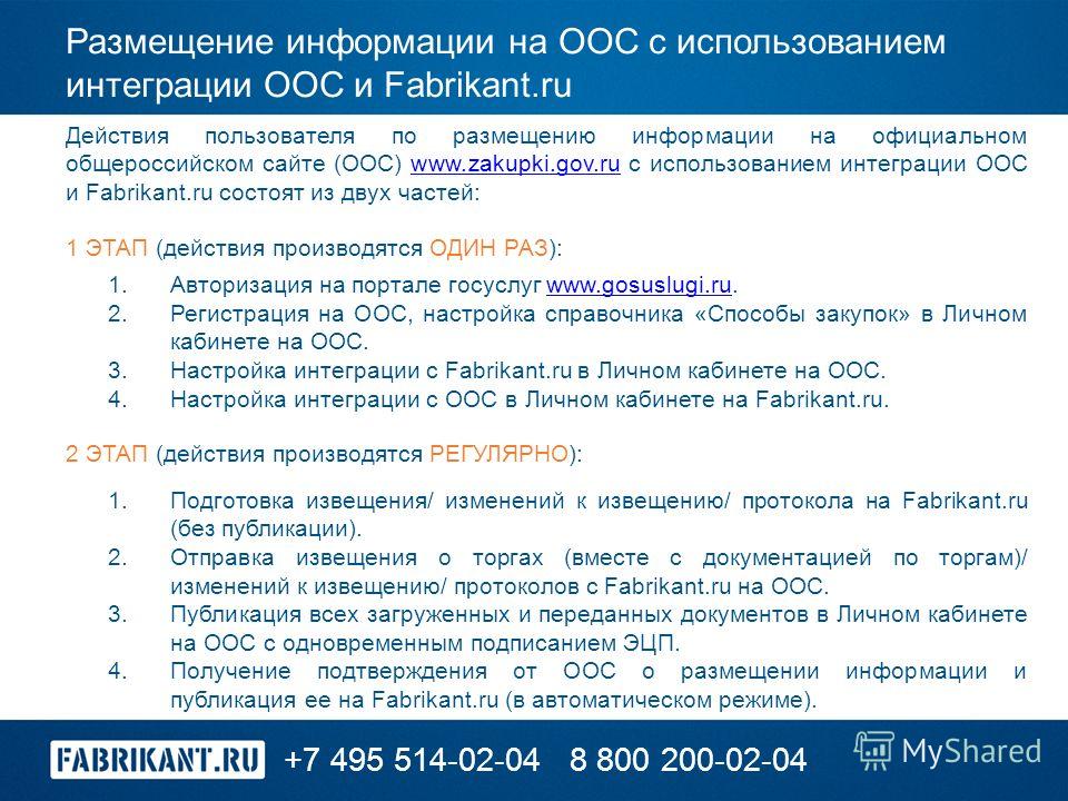 Размещение информации на ООС с использованием интеграции ООС и Fabrikant.ru +7 495 514-02-048 800 200-02-04 Действия пользователя по размещению информации на официальном общероссийском сайте (ООС) www.zakupki.gov.ru с использованием интеграции ООС и 