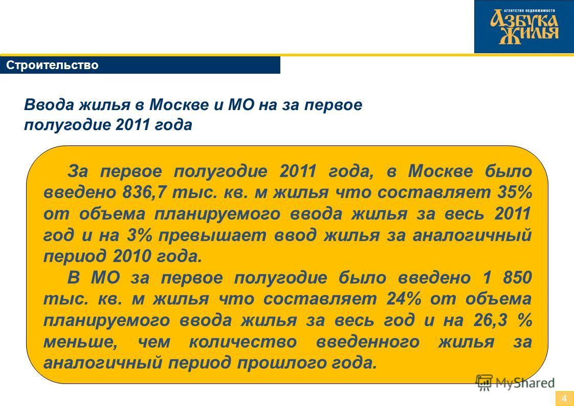 Строительство 4 Ввода жилья в Москве и МО на за первое полугодие 2011 года За первое полугодие 2011 года, в Москве было введено 836,7 тыс. кв. м жилья что составляет 35% от объема планируемого ввода жилья за весь 2011 год и на 3% превышает ввод жилья