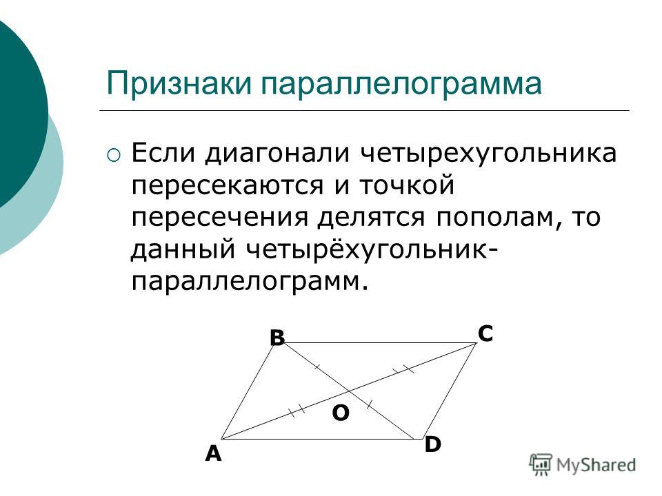 Признаки параллелограмма Если диагонали четырехугольника пересекаются и точкой пересечения делятся пополам, то данный четырёхугольник- параллелограмм. А В С D O