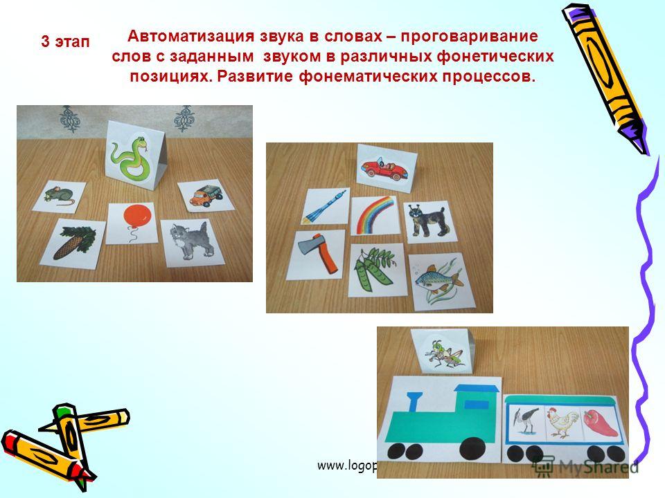 www.logoped.ru 3 этап Автоматизация звука в словах – проговаривание слов с заданным звуком в различных фонетических позициях. Развитие фонематических процессов.