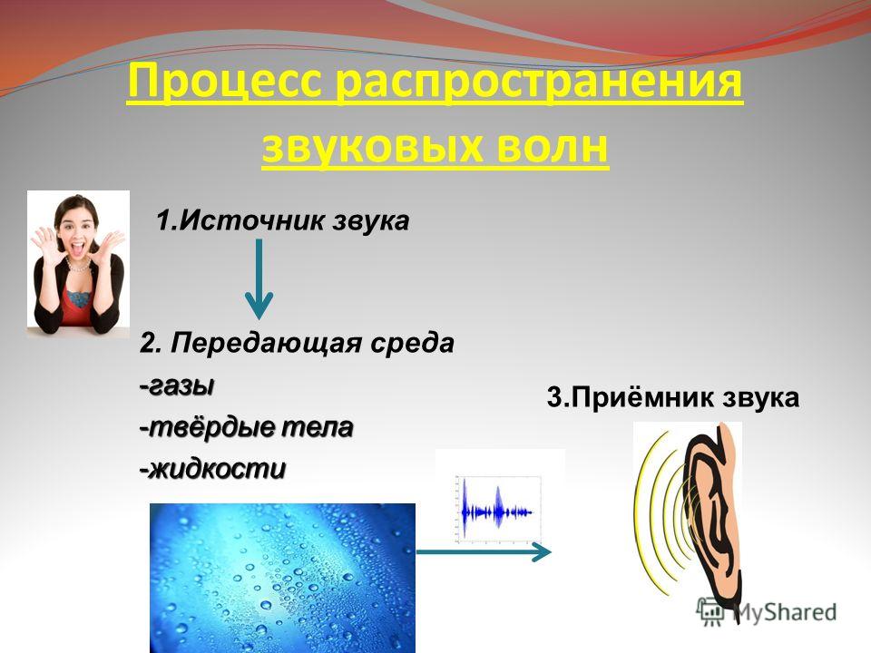 Процесс распространения звуковых волн 1.Источник звука 3.Приёмник звука 2. Передающая среда-газы -твёрдые тела -жидкости