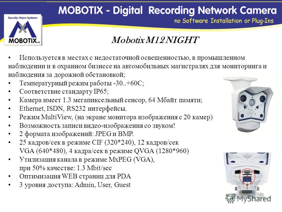 Mobotix M12 NIGHT Используется в местах с недостаточной освещенностью, в промышленном наблюдении и в охранном бизнесе на автомобильных магистралях для мониторинга и наблюдения за дорожной обстановкой; Температурный режим работы -30..+60С; Соответстви